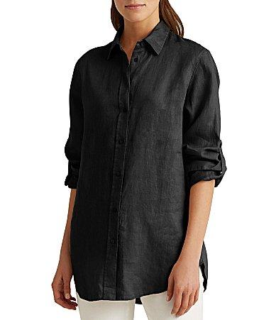 Lauren Ralph Lauren Point Collar Long Roll-Tab Sleeve Button Front Linen Shirt Product Image