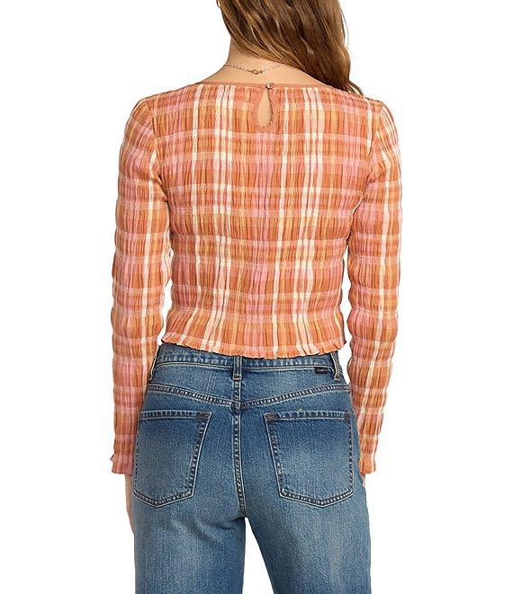 Billabong Check Me Out Yarn-Dyed Plaid Checked Long Sleeve Textured Knit Top Product Image
