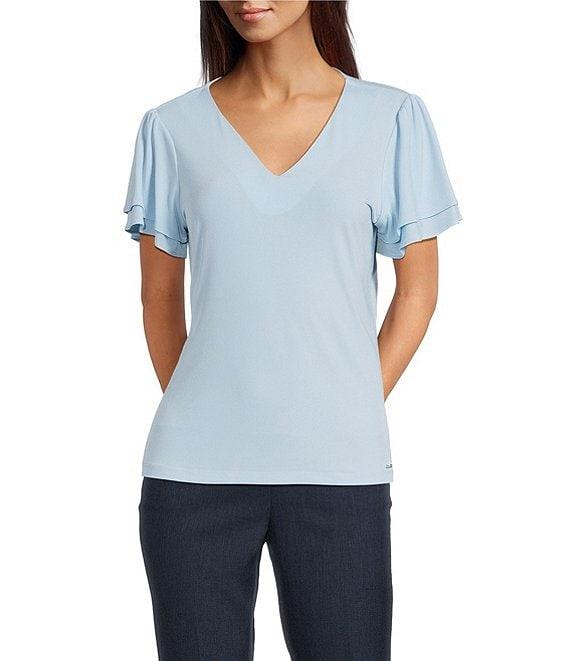 Calvin Klein V-Neck Flutter Short Sleeve Top Product Image