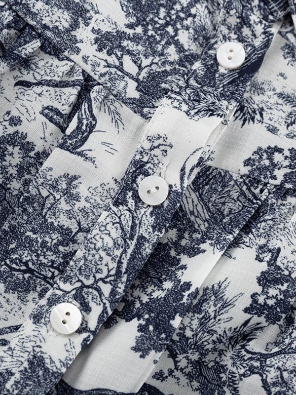 Loose Puff Sleeves Pleated Printed Split-Joint Tied Waist Lapel Mini Dresses Shirt Dress Product Image