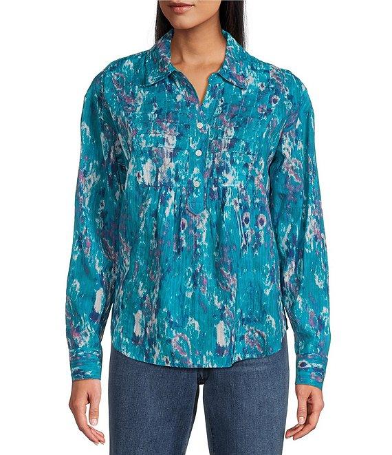 Westbound Tie-Dye Roll Tab Long Sleeve Point Collar Henley Top Product Image