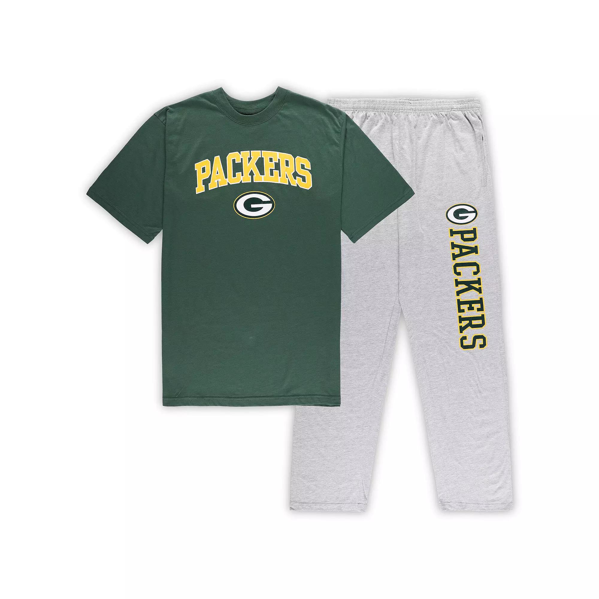 Men's Concepts Sport Green/Heather Gray Green Bay Packers Big & Tall T-Shirt & Pants Sleep Set, Size: 2XB Product Image
