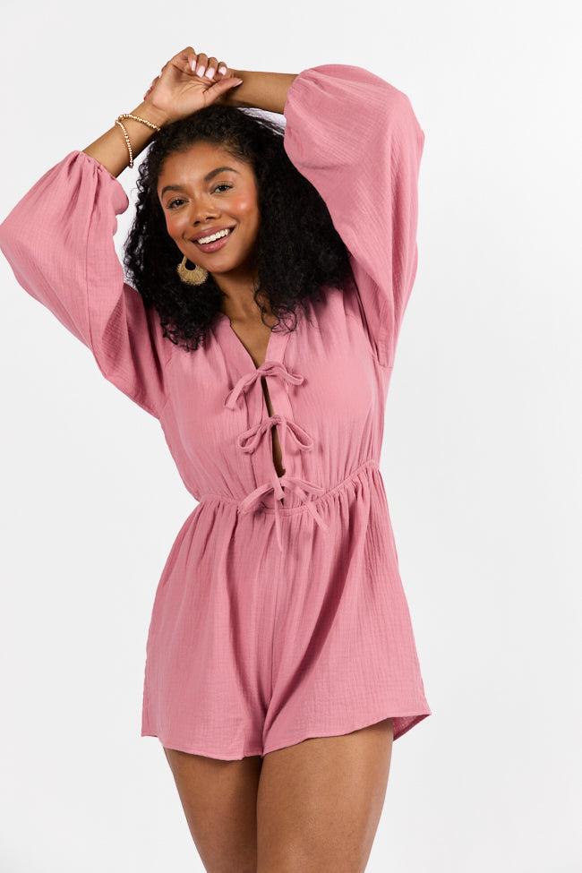Endless Sunshine Pink Tie Front Long Sleeve Romper FINAL SALE Product Image
