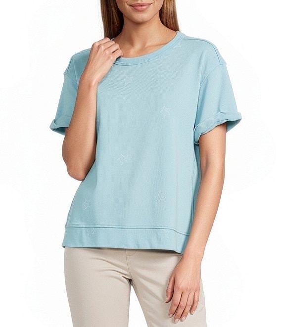 Westbound Petite Size Star Print Short Sleeve Crew Neck Knit Pullover Top Product Image