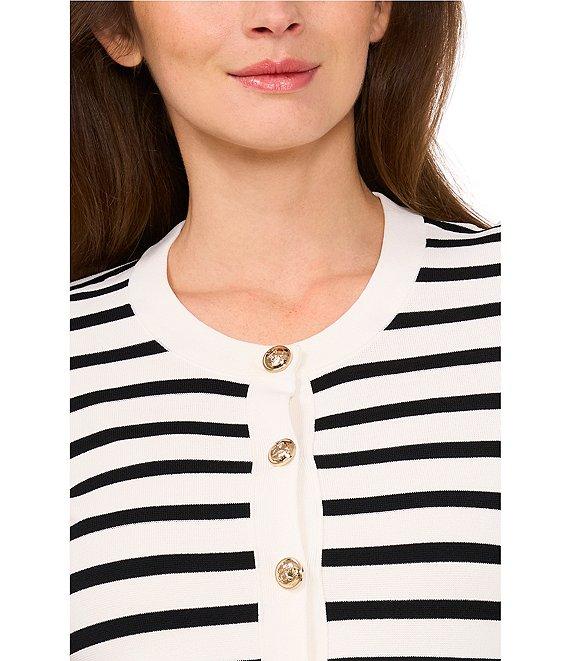 CeCe Striped Crew Neckline Short Sleeve Button Front Cardigan Product Image