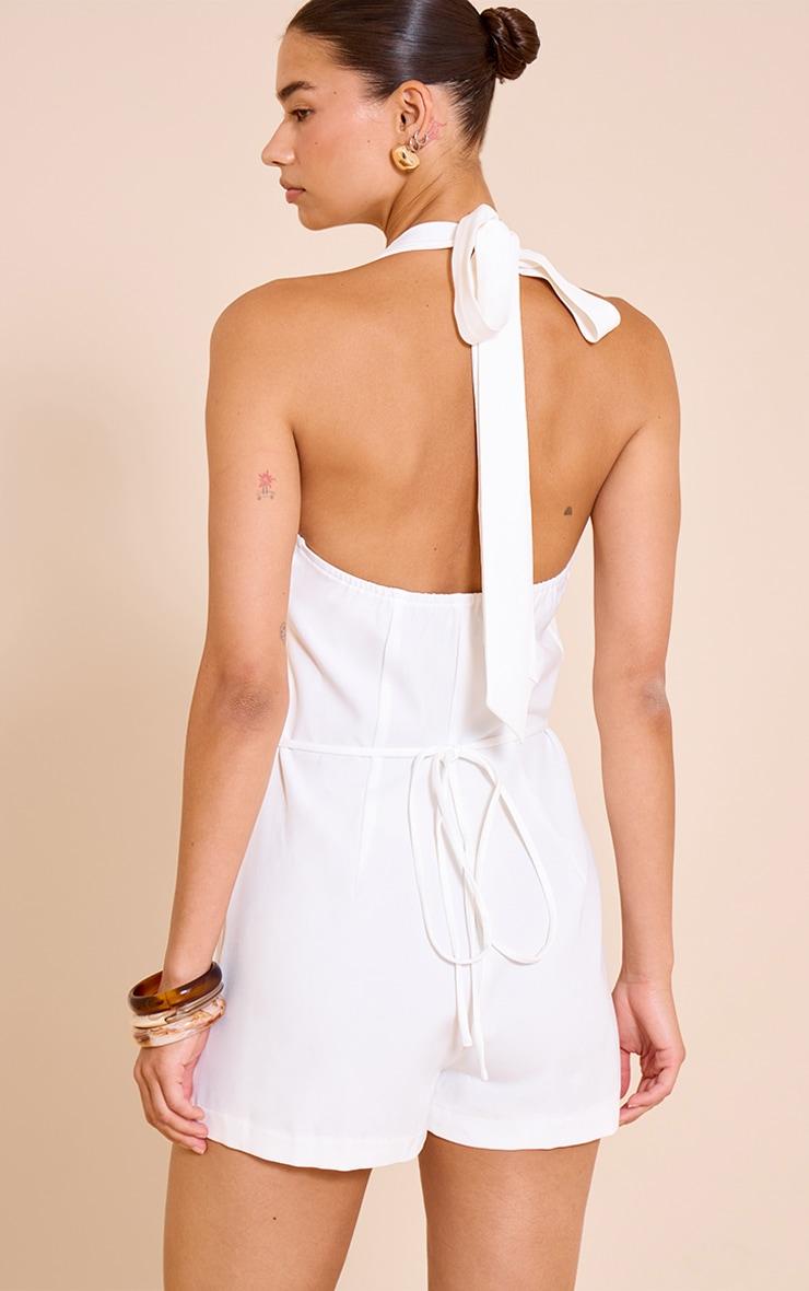 White Woven Halterneck Tailored Short Romper Product Image