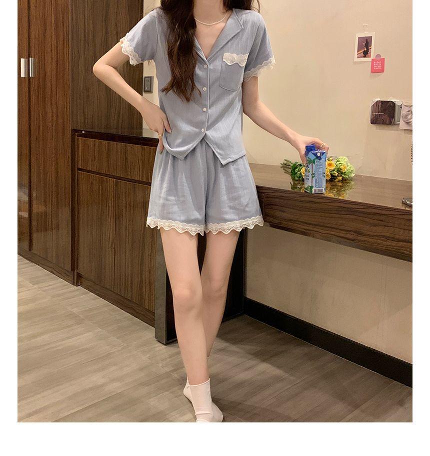 Pajama Set: Short-Sleeve Lace Trim Shirt + Shorts Product Image