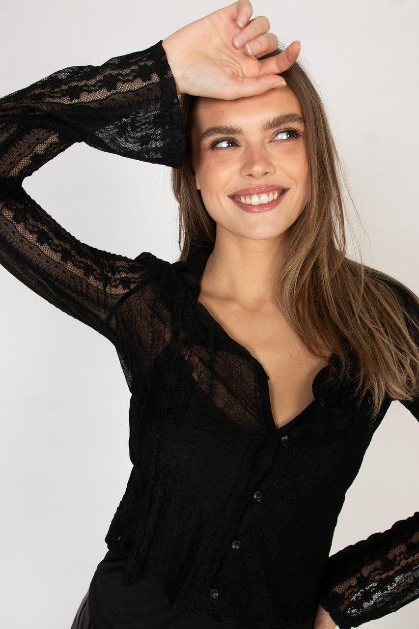 Black Lace Button Up Shirt With Cami Product Image