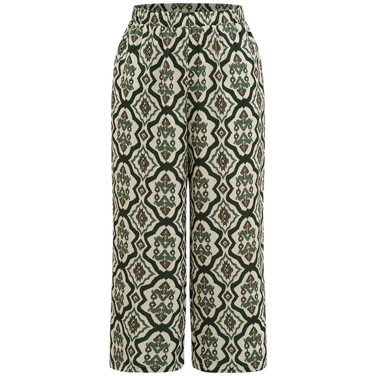 Plus Size Boho Print Pocket Elastic Waist Pants Women ArmyGreen Resort Straight Leg High Rise Vacation Pants BloomChic 10/M Product Image