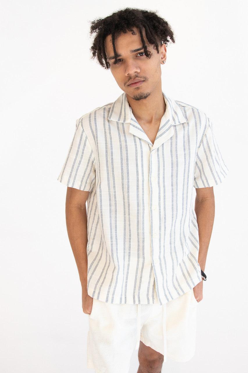 Navy Striped Textured Button Up Shirt Product Image
