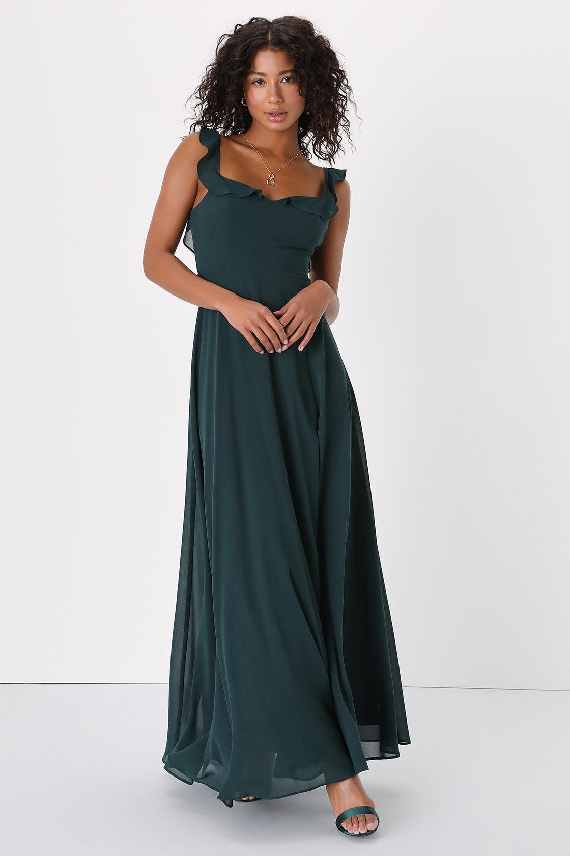 Dreamy Admiration Emerald Green Ruffled Maxi Dress Product Image