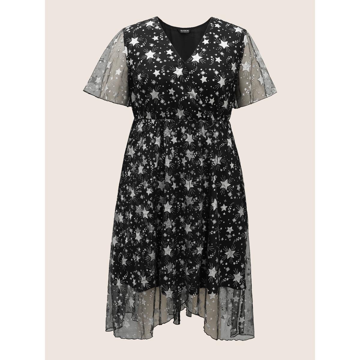 Plus Size Glitter Star Mesh Patchwork Ruffle Sleeve Dress Black Women Resort Gathered Overlap Collar Short sleeve Curvy BloomChic 30/6X Product Image