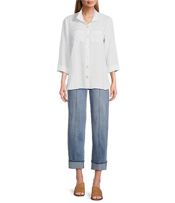 John Mark Solid Woven 3/4 Sleeve Wire Collared Button Front Patch Pocket Camp Shirt Product Image