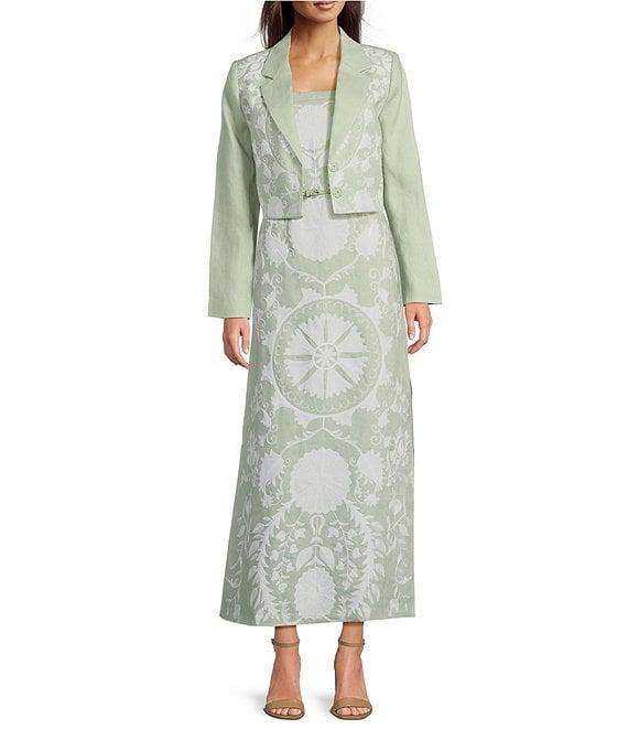 Le' AL.X Linen Embroidered Square Neck Sleeveless Spaghetti Strap Braided Belt Column Side Slit Maxi Coordinating Dress Product Image