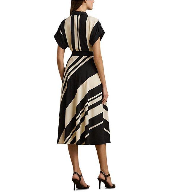 Lauren Ralph Lauren Crepe Striped Spread Collar Short Sleeve Belted A-Line Midi Dress Product Image