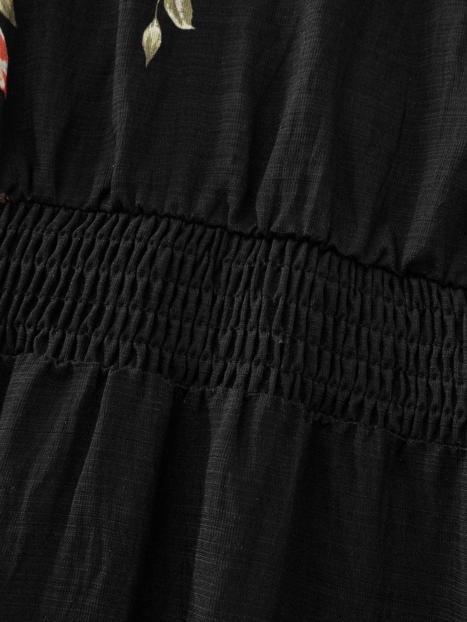 Floral Shirred Waist Neck-Tie Midi Dress Female Product Image