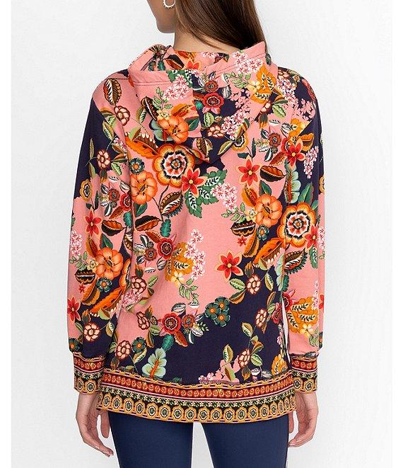 JOHNNY WAS Floral Print Cotton Stretch Knit Long Sleeve Tassel Detail Hoodie Product Image