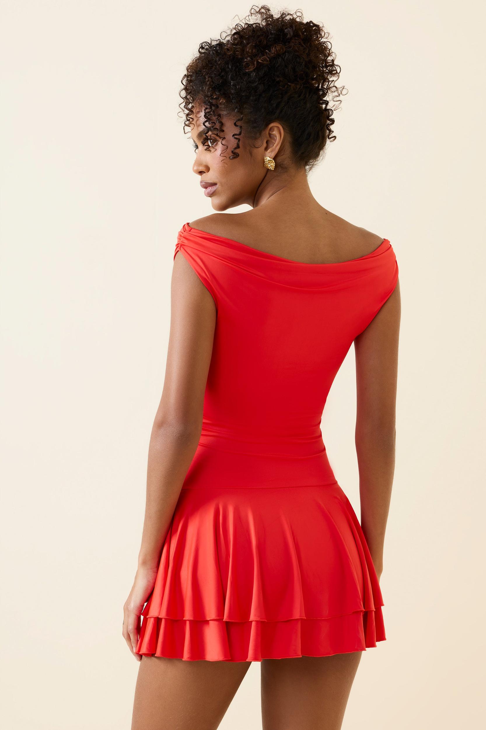 Off-Shoulder Ruffled Mini Dress in Scarlet Female Product Image