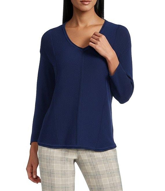 Investments Petite Size Textured 3/4 Sleeve V-Neck Sweater Product Image