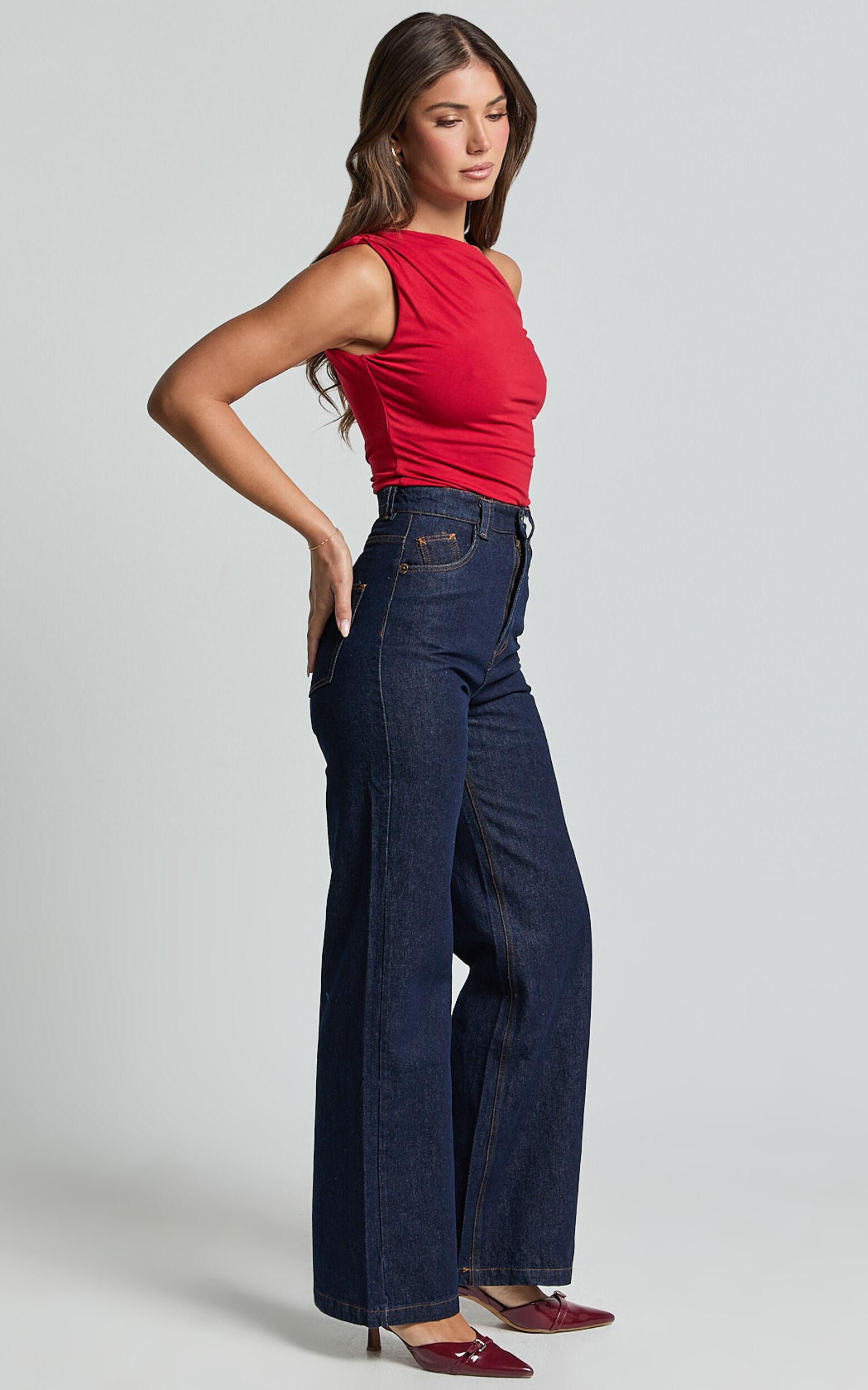 Jialeen Top - Off Shoulder Twist Asymmetrical Sleeve Top in Red Product Image