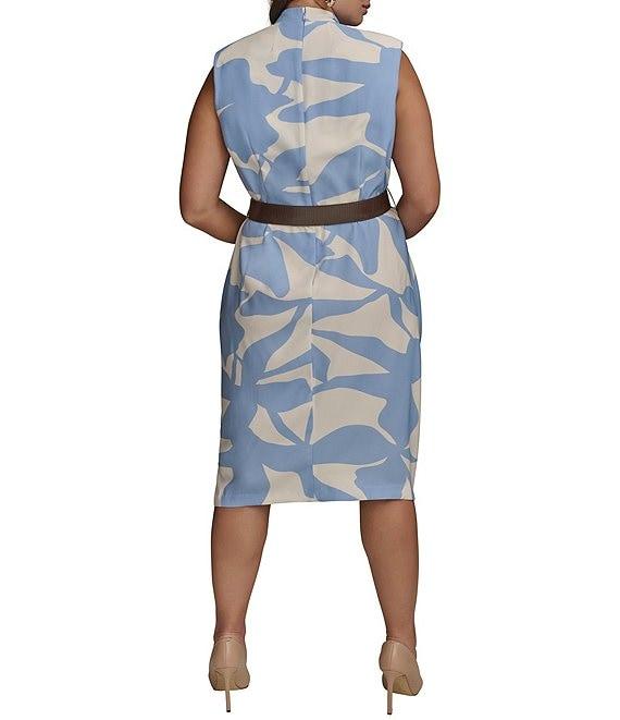 Donna Karan Plus Size Dot Crepe V-Neck Sleeveless Belted Sheath Midi Dress Product Image