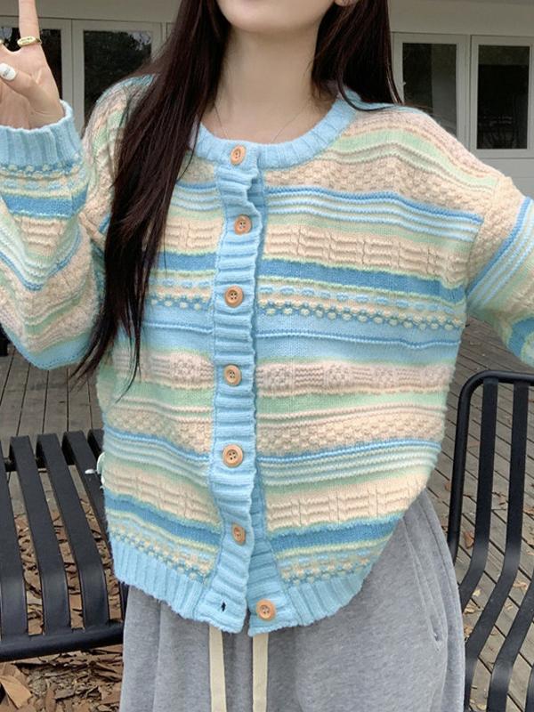 Textured Contrast Color Splice Knit Cardigan Product Image