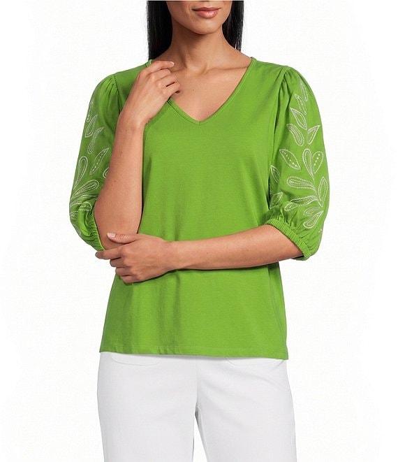Investments Petite Size Elbow Sleeve Embroidery V-Neck Knit Top Product Image