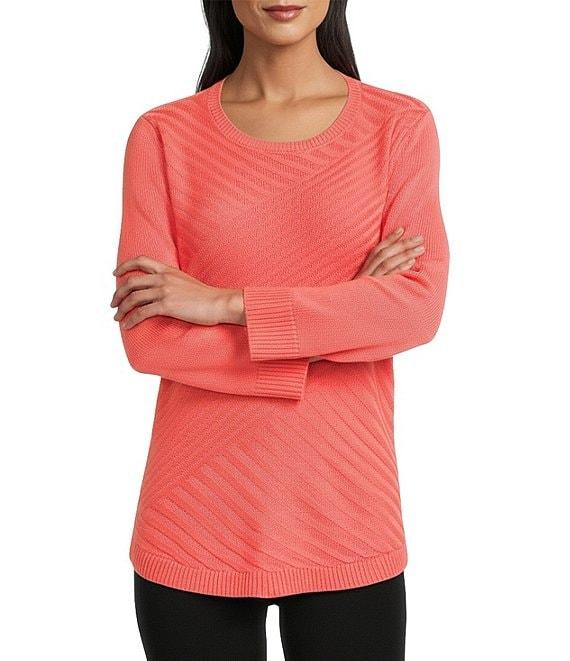 Allison Daley 3/4 Sleeve Crew Neck Curve Hem Diagonal Rib Front Sweater Product Image