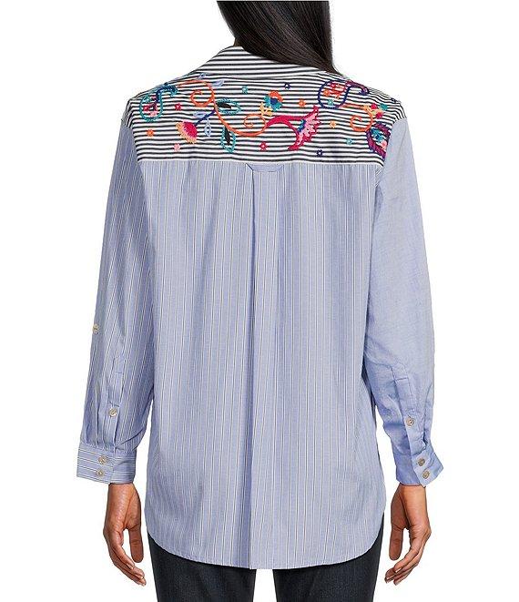 John Mark Embroidered Stripe Point Collar Long Roll-Tab Sleeve Button-Front Tunic Product Image