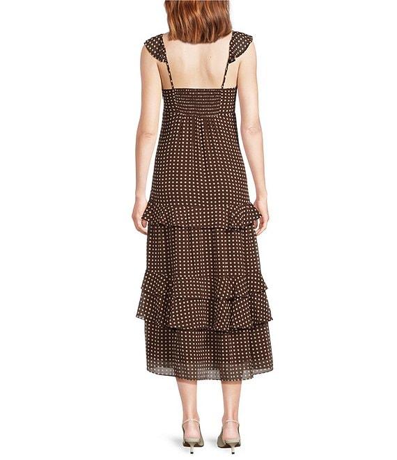 Lucy Paris Cassandra Dotted Chiffon Sweetheart Neck Sleeveless Ruffle Tiered Midi Dress Product Image