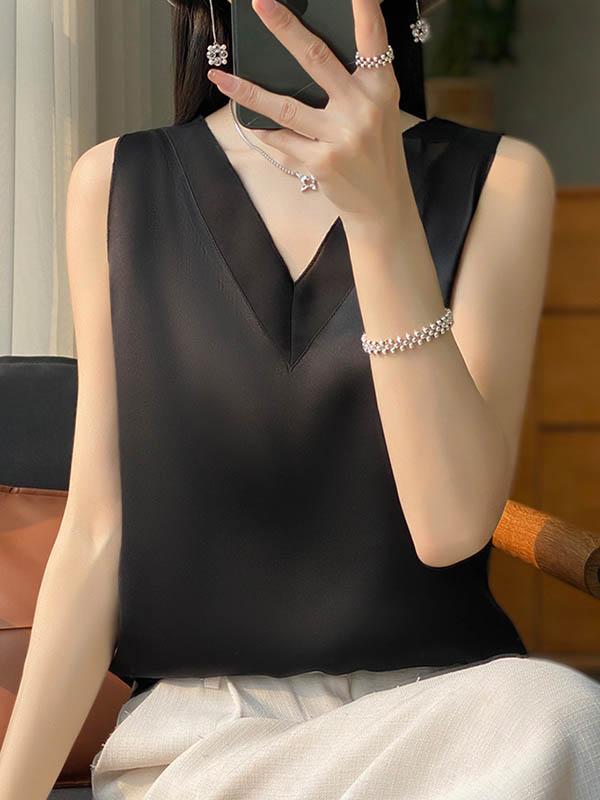 Loose Sleeveless Solid Color V-Neck Vest Top Product Image
