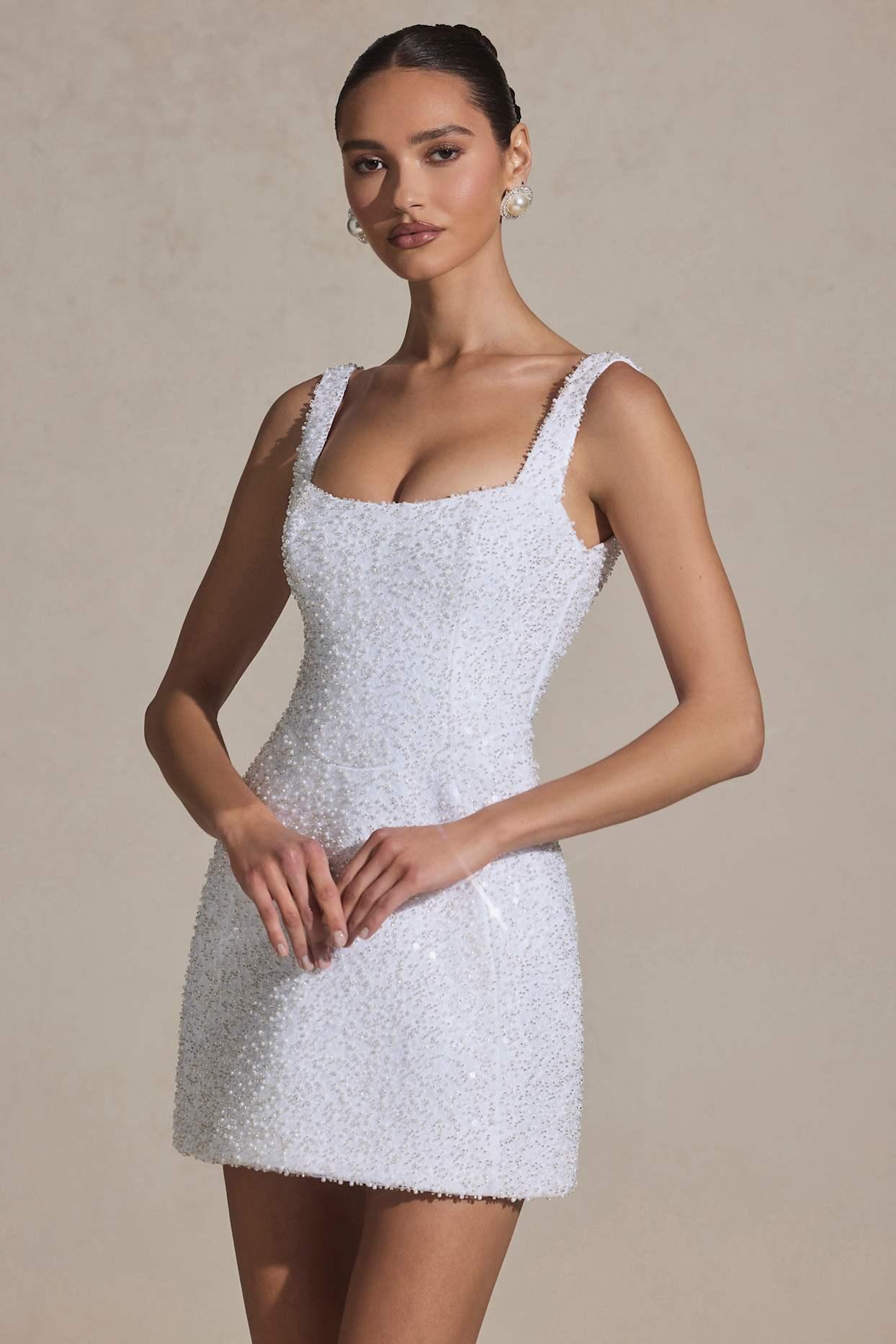 Embellished Structured A-Line Mini Dress in White Product Image