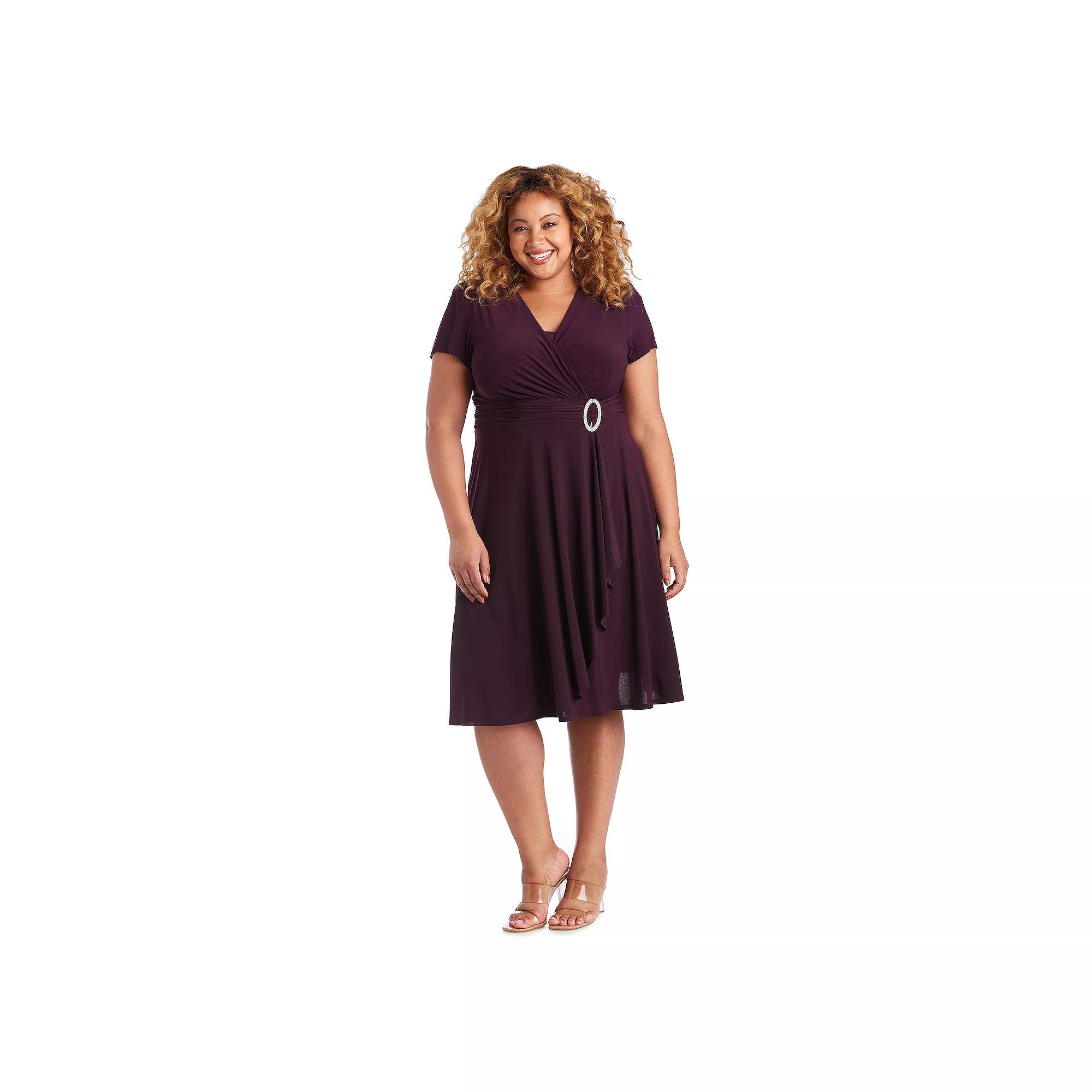 Plus Size R&M Richards Cascade Jersey Dress with Brooch, Womens Purple Product Image