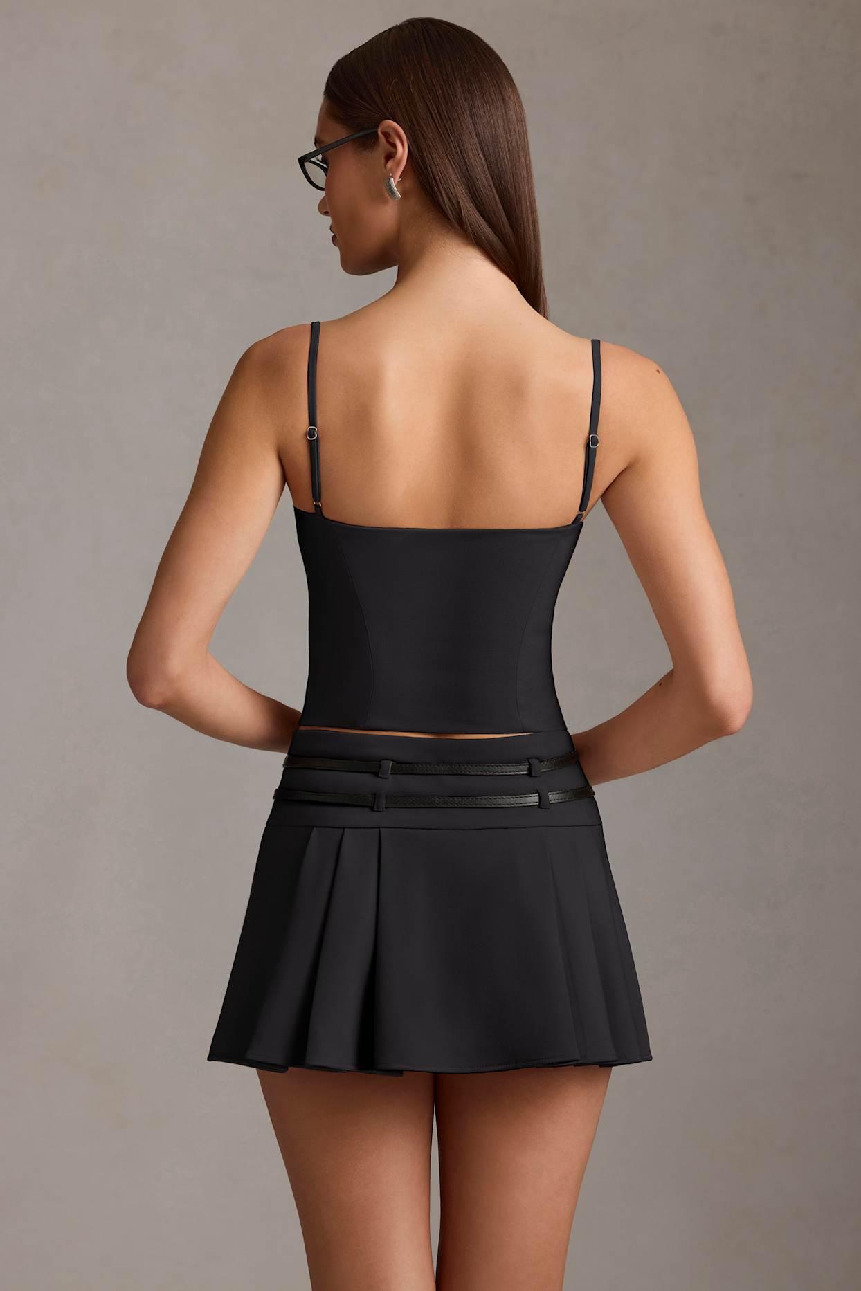 Belted Low-Rise Pleated Mini Skirt in Black Product Image