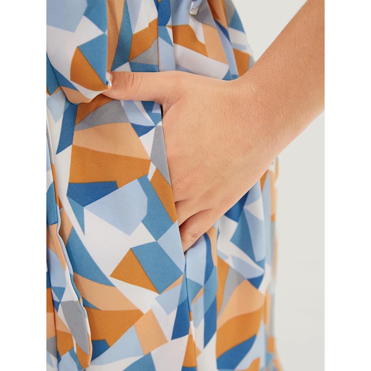 Plus Size Geometric Belt Ruffle Hem Pocket Button Detail Tank Dress Multicolor Women Elegant Contrast Round Neck Sleeveless Curvy Knee Dress BloomChic 26/4X Product Image