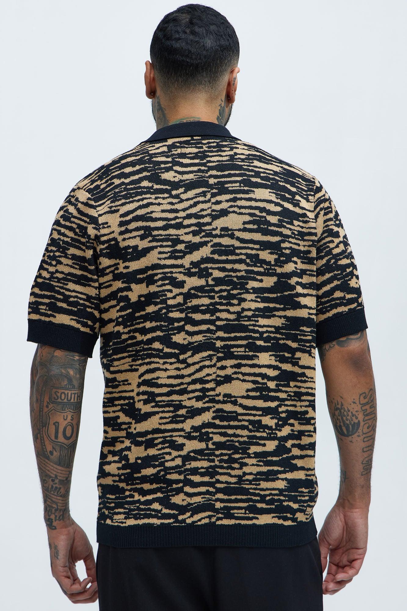 Zebra Pattern Knit Button Down Shirt - Black/combo Product Image