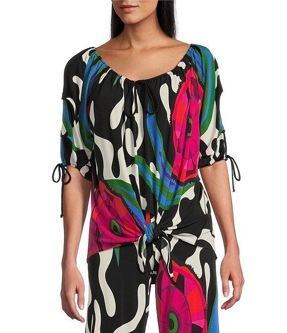 Eva Varro Abstract Print Boat Neck 3/4 Blouson Sleeve Pleated Tie Top Product Image