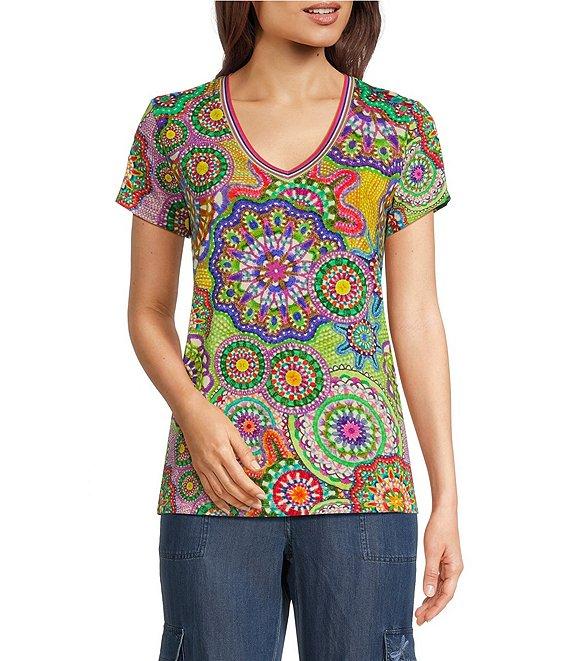 JOHNNY WAS The Janie Favorite Bamboo Knit Napperon Print V-Neck Short Sleeve Tee Product Image