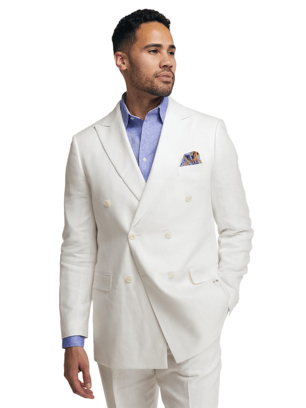 Linen Blend Double Breasted Peak Lapel Suit Jacket - White Product Image