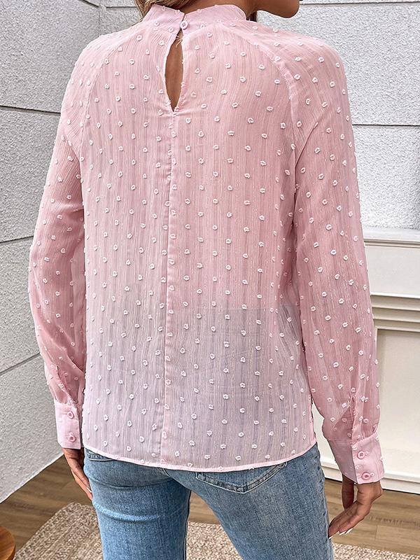 Long Sleeves Loose Buttoned Hollow Jacquard Solid Color Mock Neck Blouses&Shirts Tops Product Image