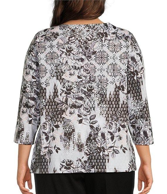 Allison Daley Plus Size Foulard Floral Print Embellished 3/4 Sleeve V-Neck Knit Top Product Image