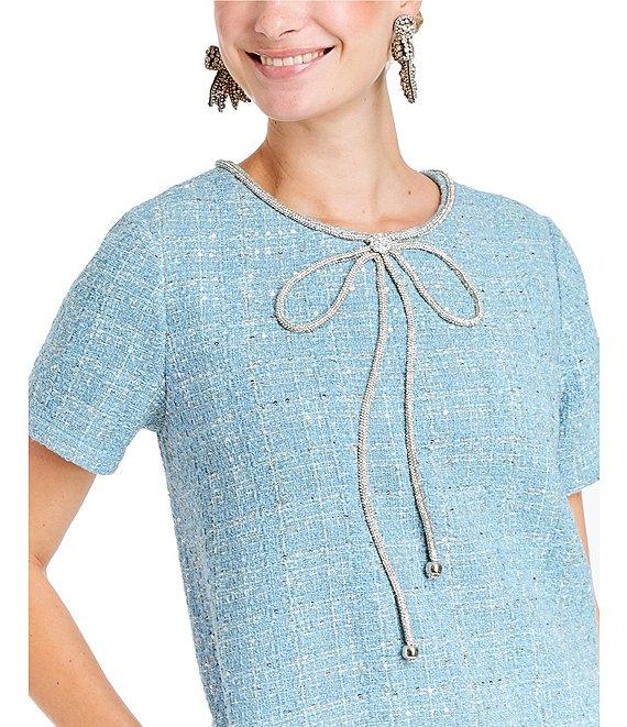 Mestiza New York Ainslee Tweed Round Neck Rhinestone Bow Short Sleeve Shift Mini Dress Product Image