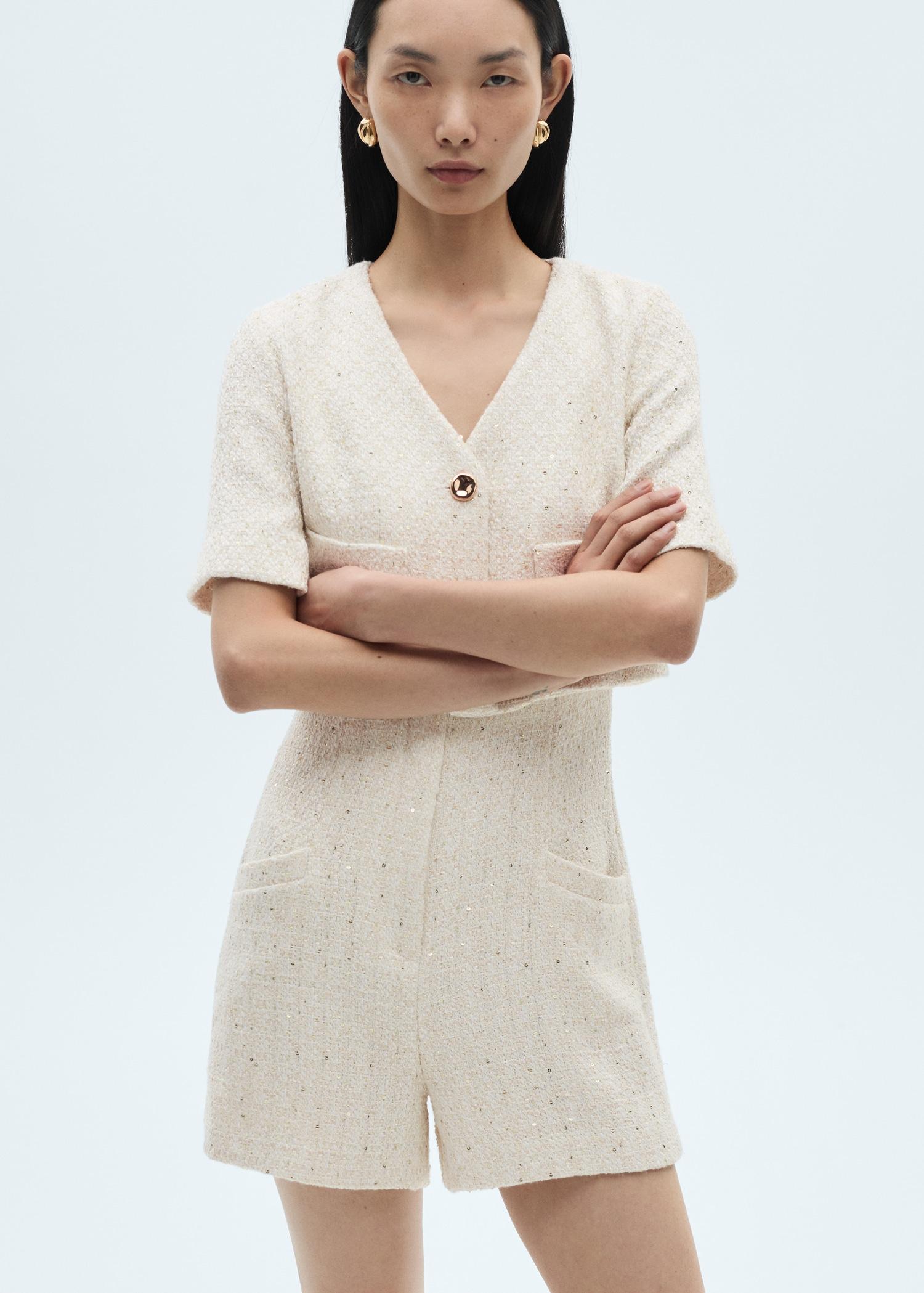 Short-sleeved tweed jumpsuit - Women | MANGO USA Product Image