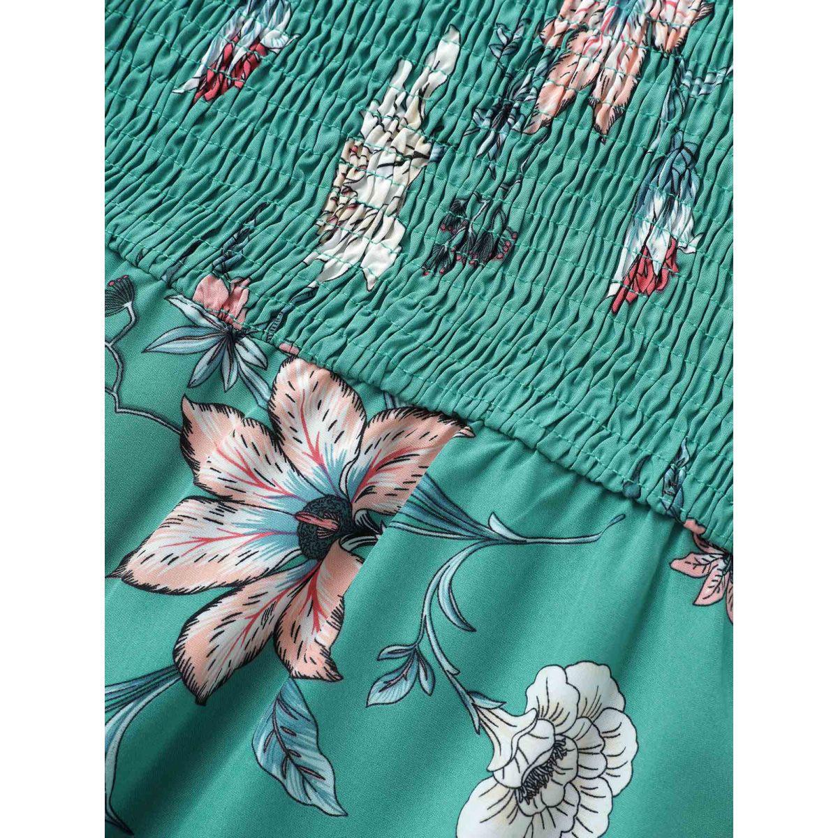 Plus Size Floral Print Shirred Front Ruffle Sleeve Dress Turquoise Women Elegant Non V-neck Elbow-length sleeve Curvy Midi Dress BloomChic 10/M Product Image