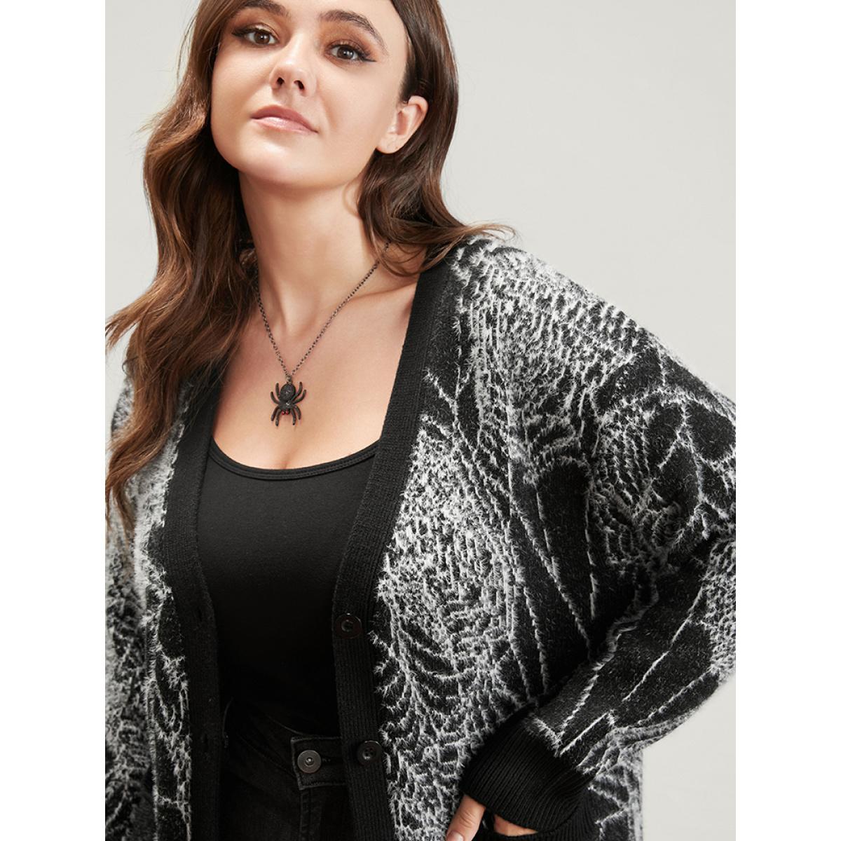 Plus Size Spider Web Plush Knit Pocket Button Front Cardigan BlackFlower Women Elegant Loose Long Sleeve Dailywear Cardigans BloomChic 26/4X Product Image