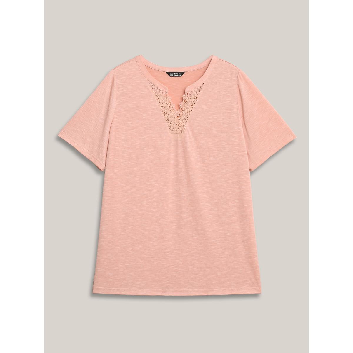 Plus Size Lace Detail Notched Collar Fitted T-Shirt Crepe Women Casual Patchwork Flat collar with V-notch Everyday T-shirts BloomChic 30/6X Product Image