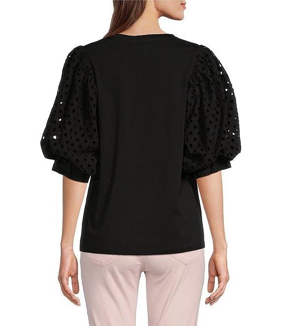 Gibson & Latimer Knit Contrast Eyelet Crew Neck Short 3/4 Balloon Sleeve Top Product Image