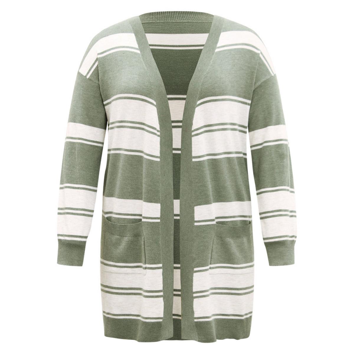 Plus Size Striped Patchwork Open Front Pocket Cardigan Green Women Casual Long Sleeve Everyday Cardigans BloomChic 22-24/3X Product Image