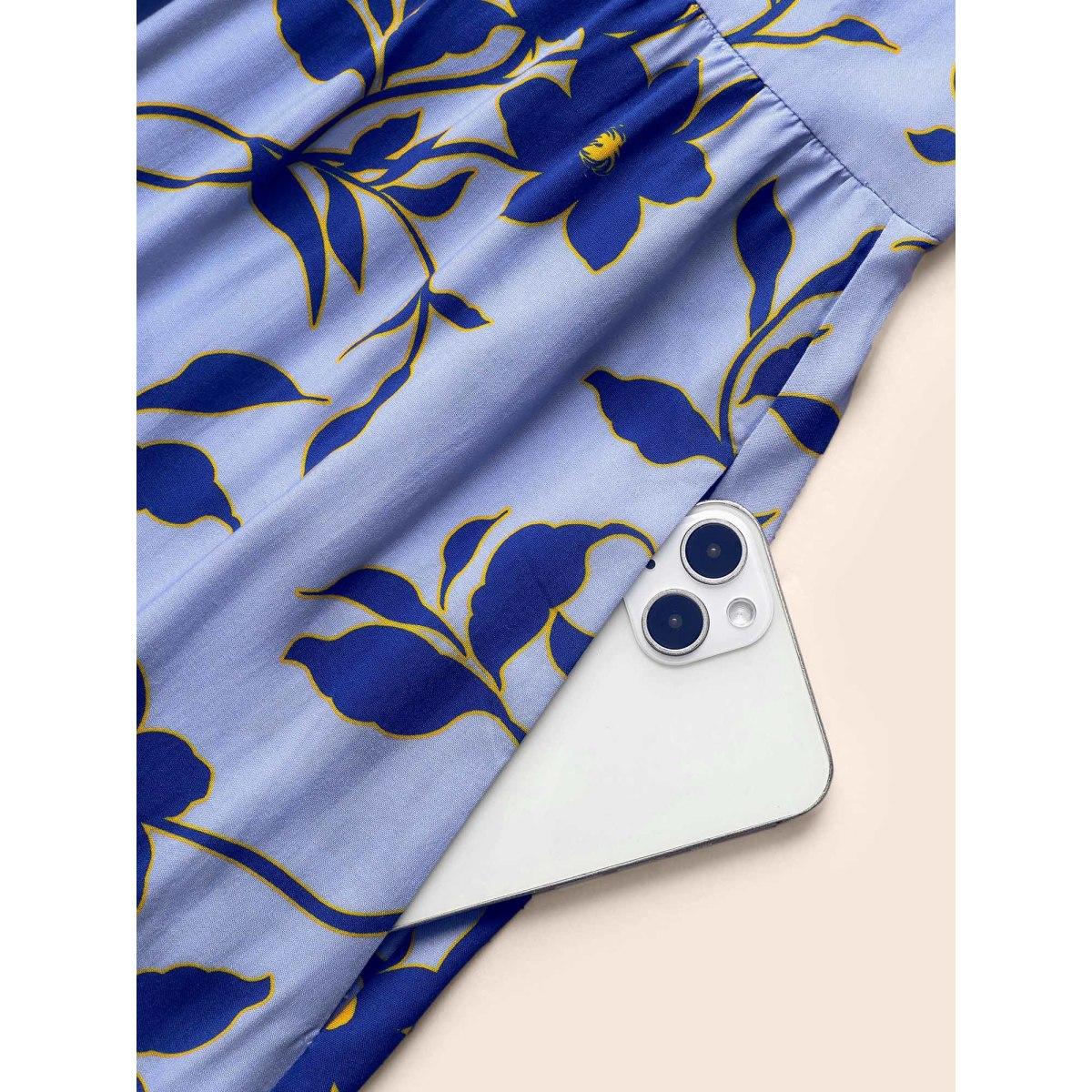 Plus Size Square Neck Floral Patchwork Ruffle Hem Dress Skyblue Women Elegant Non Square Neck Long Sleeve Curvy BloomChic 10/M Product Image