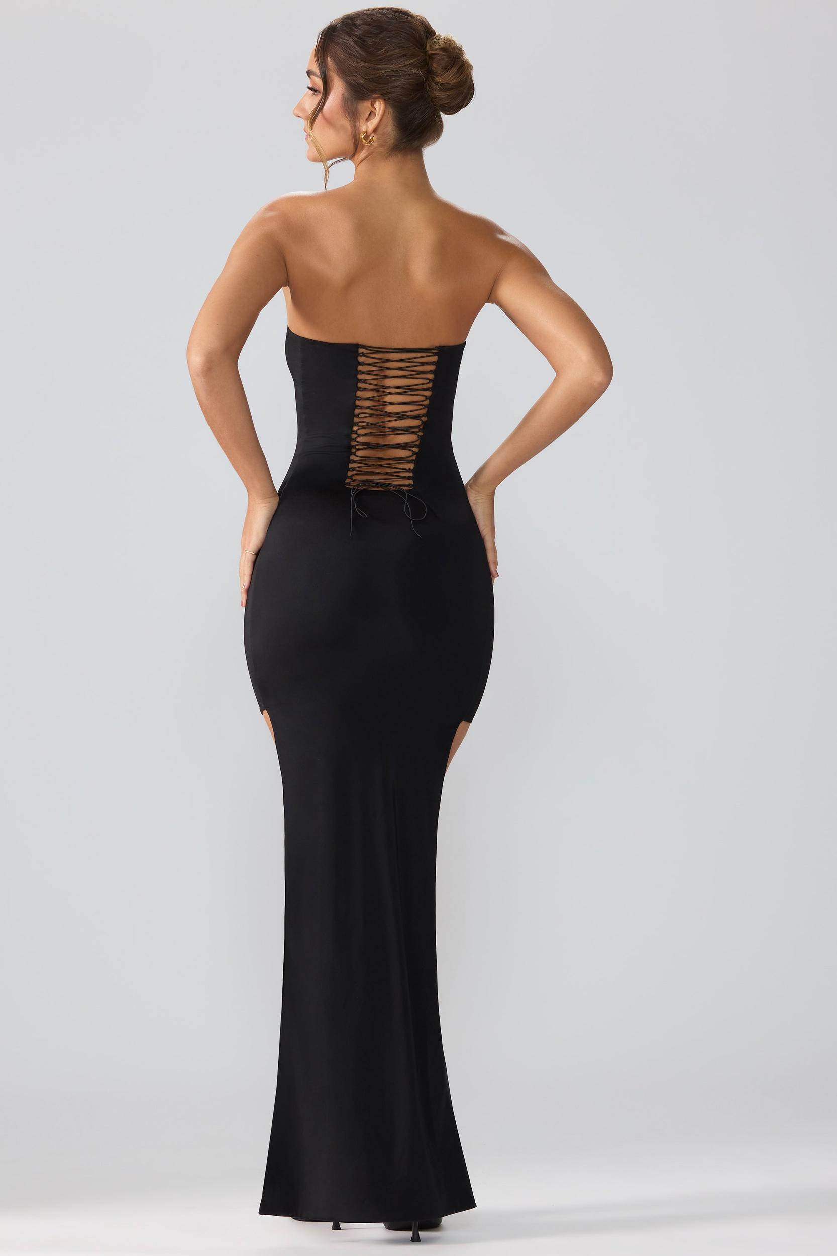 Premium Jersey Lace Up Back Mini Dress with Train in Black Product Image